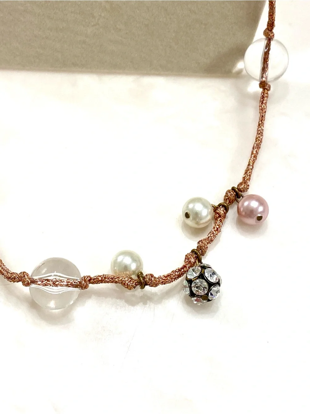 J. Crew Rose Gold Cord Necklace with Pink, White & Clear Beads